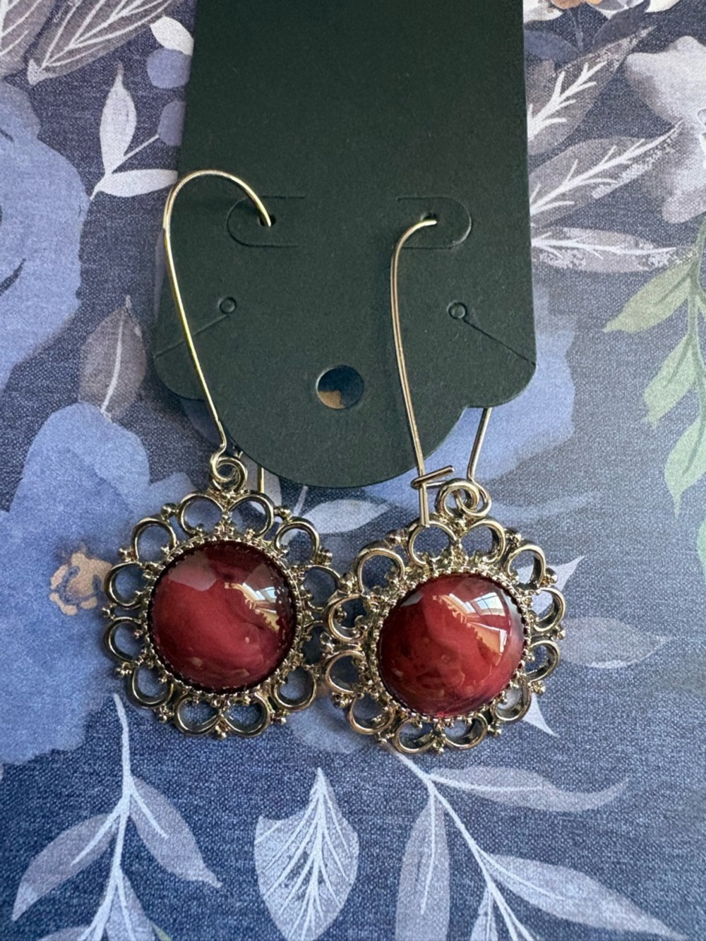 Gold-Tone Red Cabochon Floral Drop Earrings